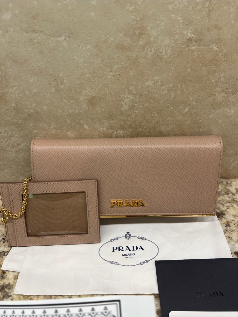 Prada Blush Pink Saffiano Leather Wallet with Gold Logo
